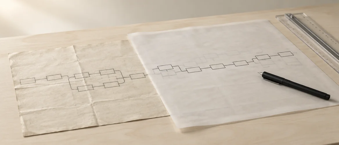Illustration: a worn pencil plan of how a job runs, traced over in clean ink, like building AI on how your team works now