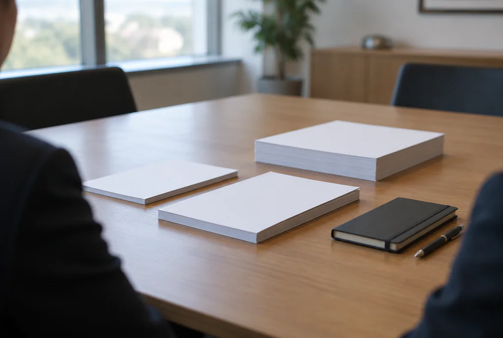 Two people at a meeting table beside stacks of papers, working through the decisions an AI consultation leaves you with