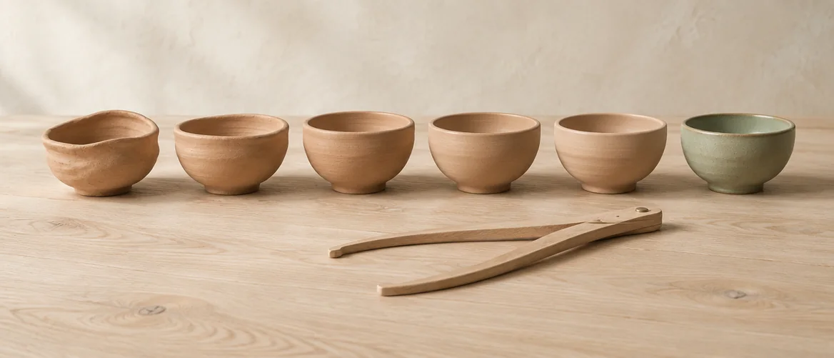 Clay bowls from a lopsided first try to a finished glazed bowl, as a team gets better with practice