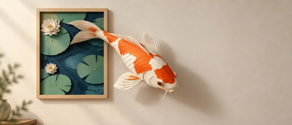 A paper-cut koi swims out of its framed picture: a brand story told in AI video and images