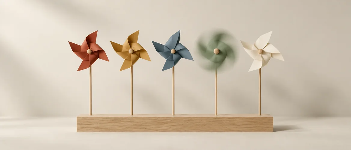 One of five pinwheels turning, showing which way opinion is moving