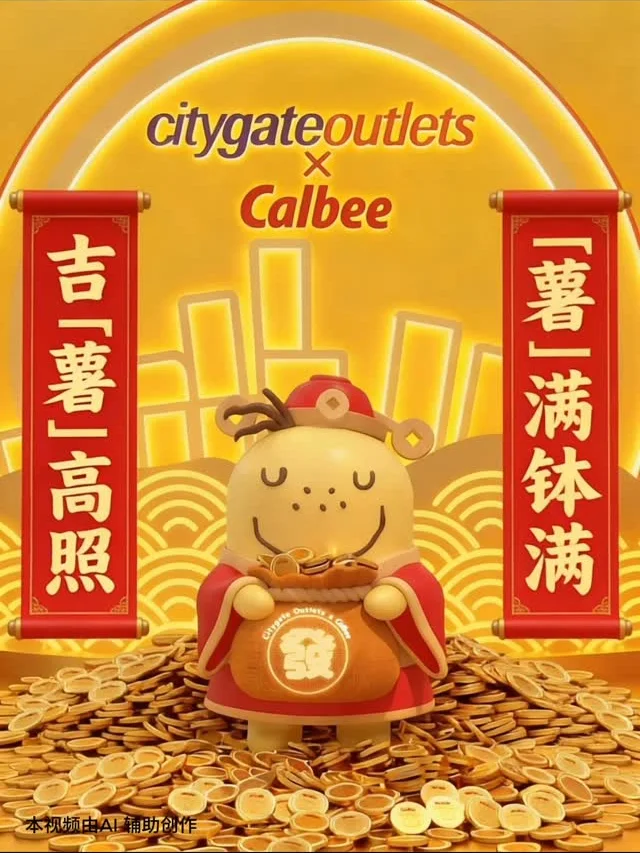 薯仔吉祥物扮成財神，拿住錢袋站在金幣堆中，旁邊有 Calbee 標誌。