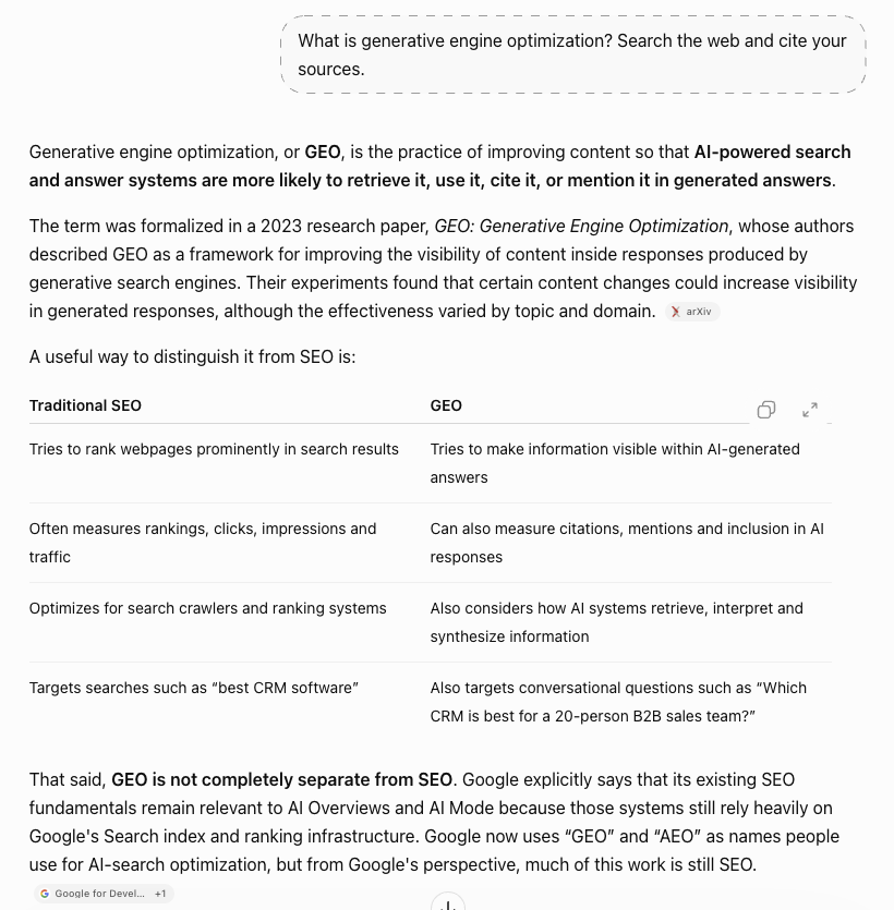 A ChatGPT answer to &ldquo;What is generative engine optimization? Search the web and cite your sources.&rdquo;, showing source links to arXiv and Google for Developers.