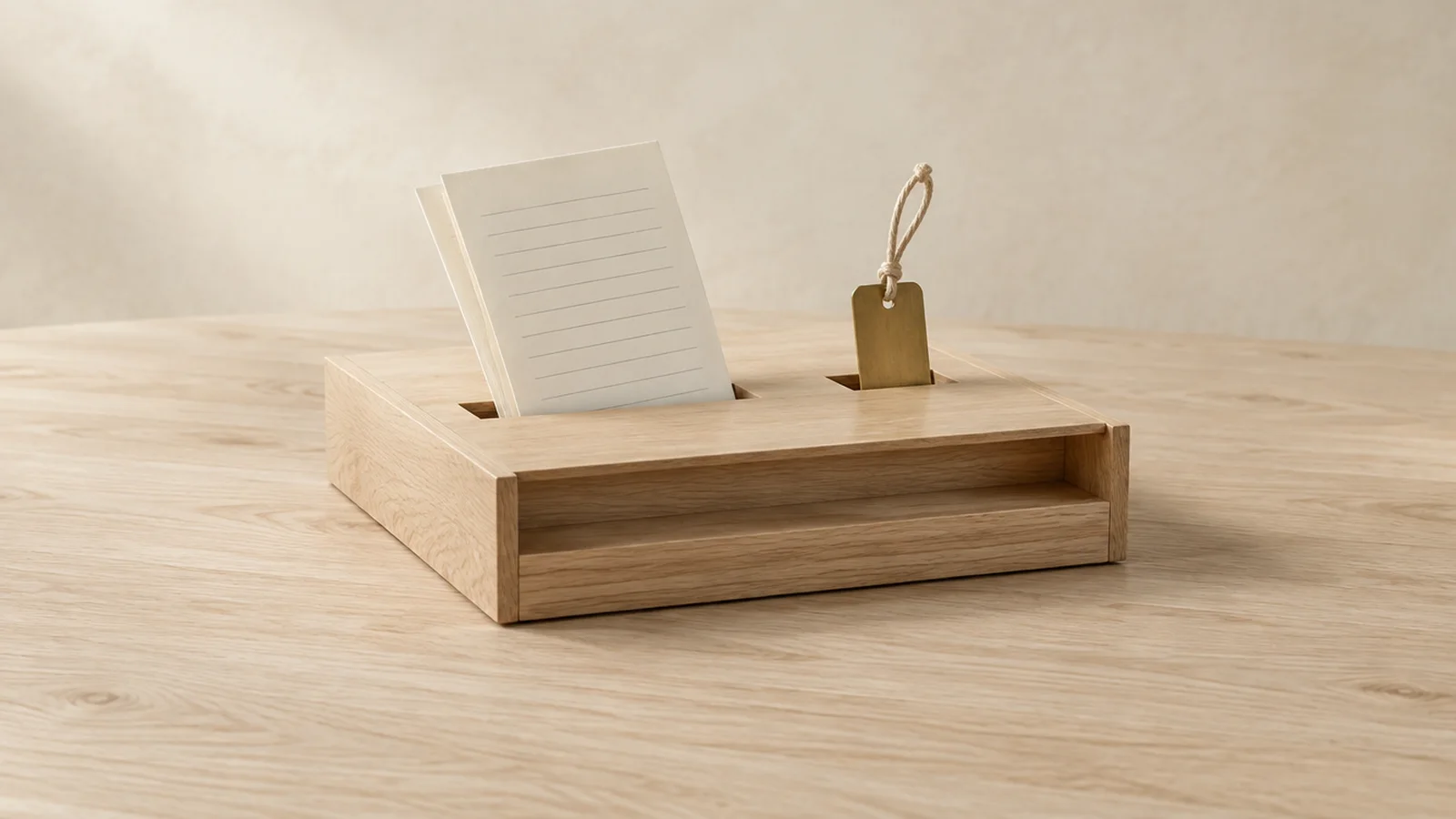 A wooden letter tray with two slots: lined pages go in through one and a brass name tag through the other, two ways into the same tray.