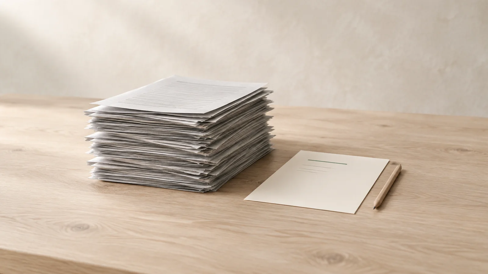 A tall stack of dense drafts beside one clean page whose first line is underlined in green: the short, clear answer is the one that gets used.