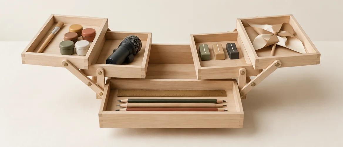 Illustration: one open wooden box with a tray for each service, holding paints, a microphone, faders and a pinwheel