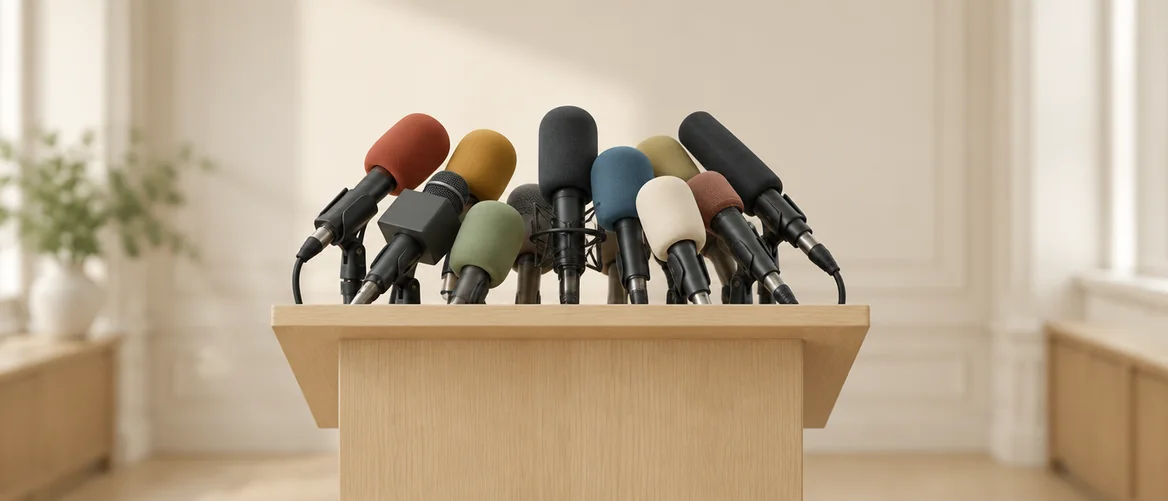 A lectern full of microphones, waiting for your brand's spokesperson